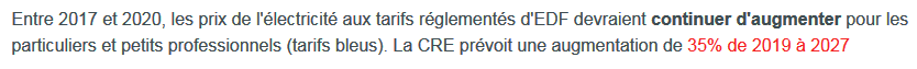 Évolution des tarifs de 2019 à 2027